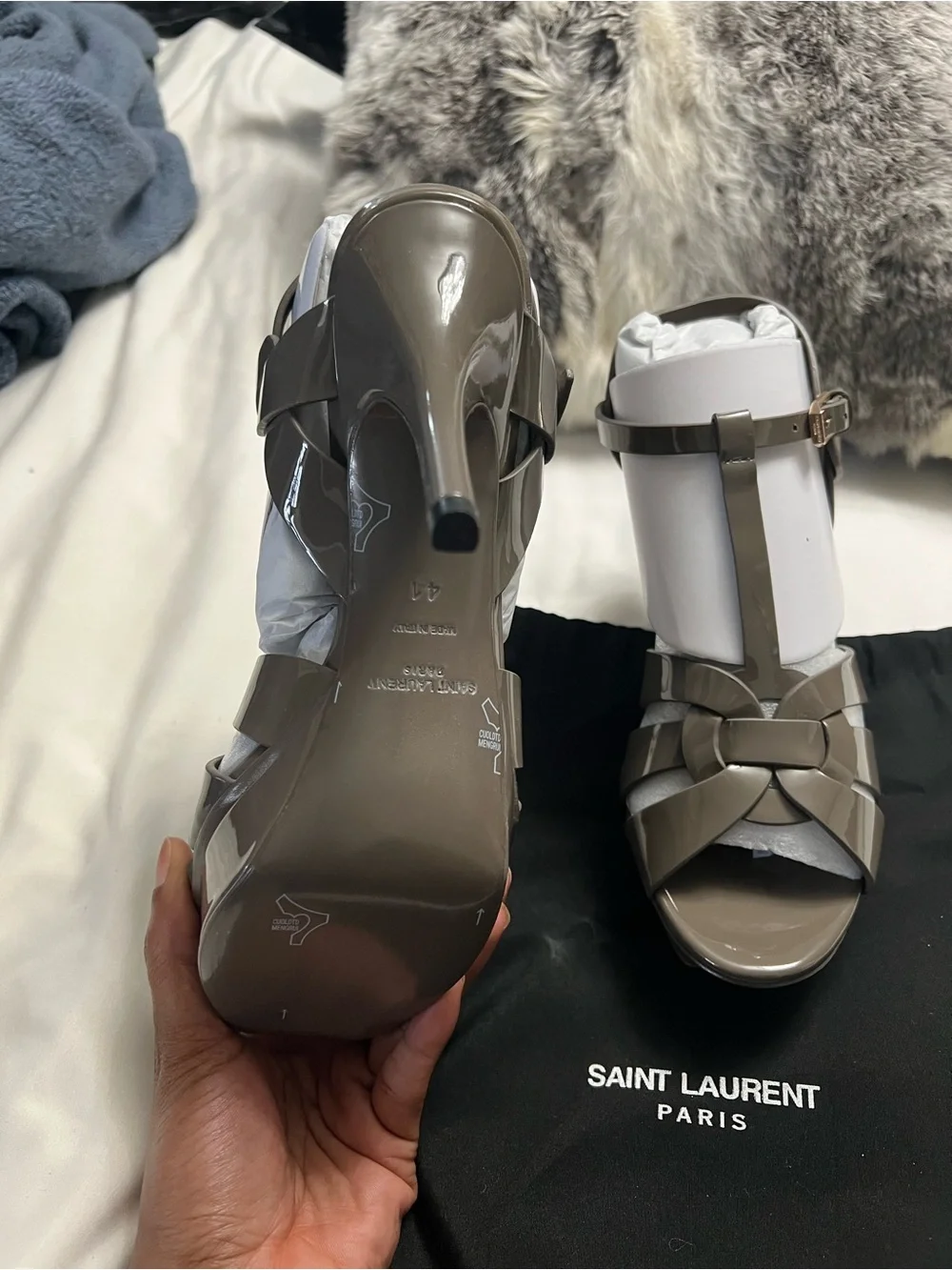 Saint Laurent Taupe Patent Leather T-Strap Sandals - Picture 3 of 5